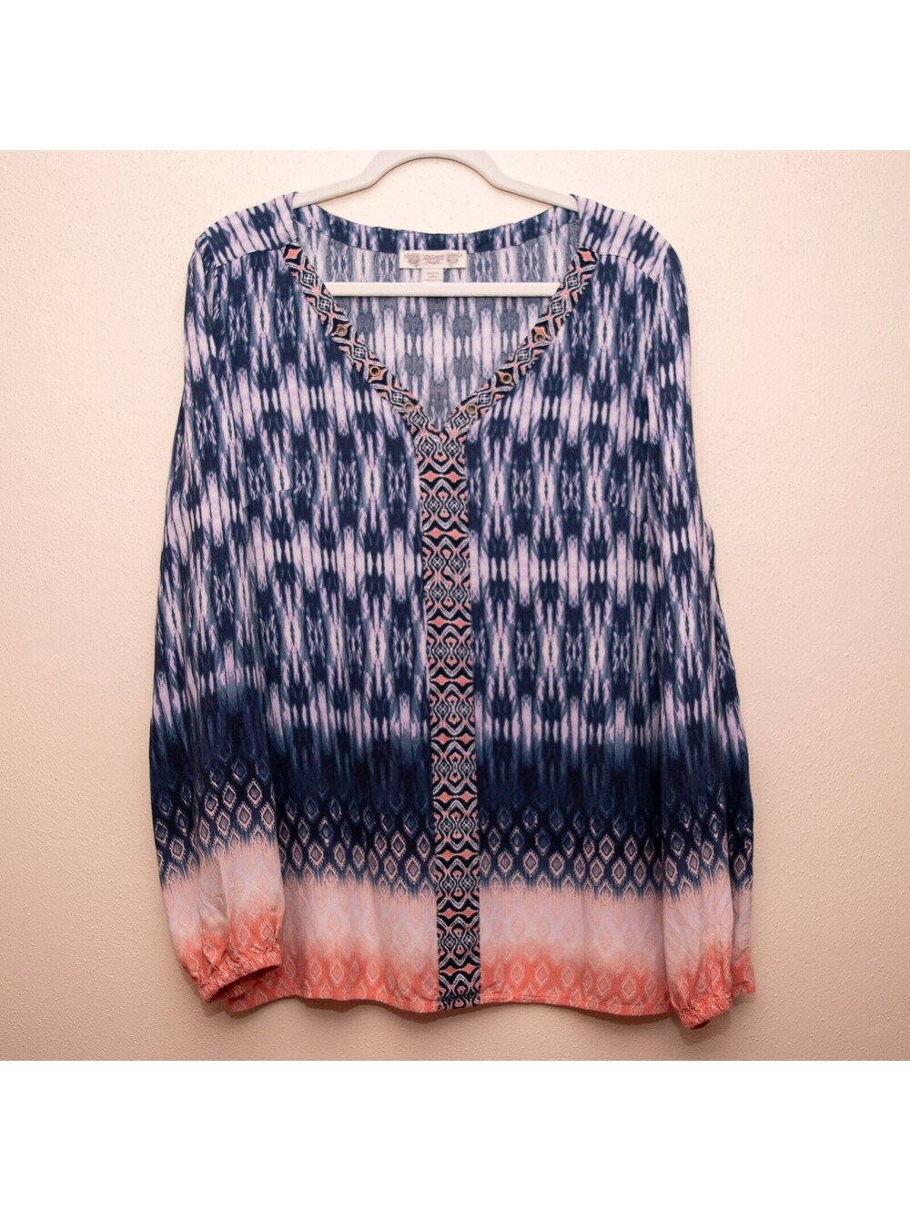 Vintage America Blues Ombre Aztec Print Blouse Boho Festival Fall Wmns XL